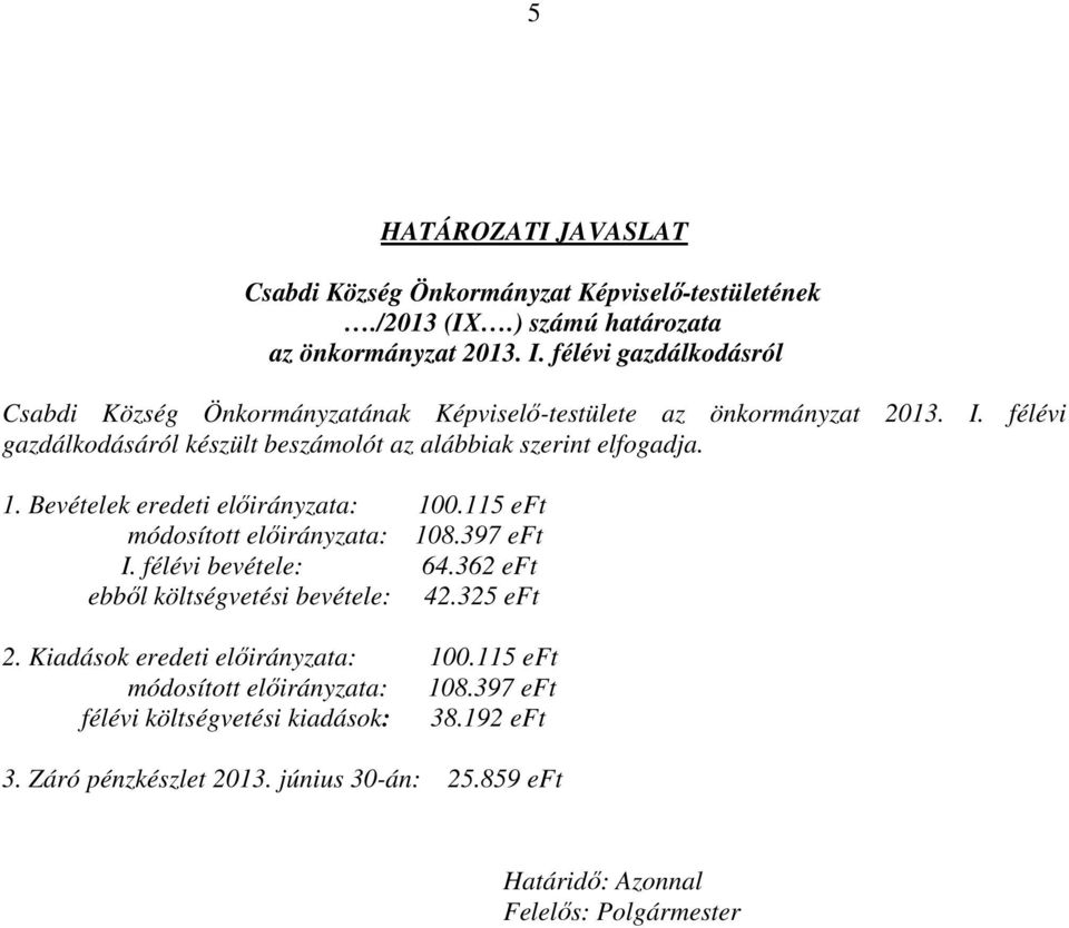 félévi gazdálkodásáról készült beszámolót az alábbiak szerint elfogadja. 1. Bevételek eredeti előirányzata: 100.115 eft módosított előirányzata: 108.397 eft I.