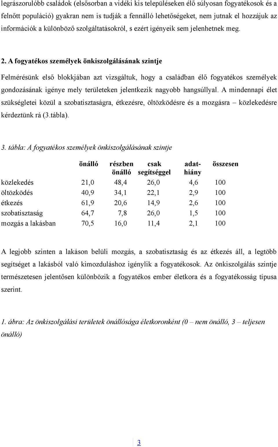 A fogyatékos személyek önkiszolgálásának szintje Felmérésünk első blokkjában azt vizsgáltuk, hogy a családban élő fogyatékos személyek gondozásának igénye mely területeken jelentkezik nagyobb