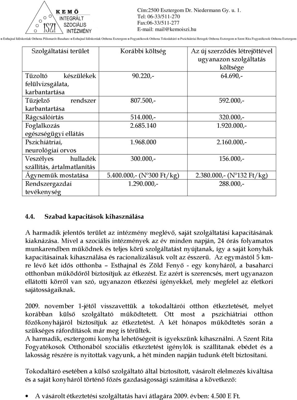 000,- szállítás, ártalmatlanítás Ágynemők mostatása 5.400.000,- (Nº300 Ft/kg) 2.380.000,- (Nº132 Ft/kg) Rendszergazdai tevékenység 1.290.000,- 288.000,- 4.4. Szabad kapacitások kihasználása A harmadik jelentıs terület az intézmény meglévı, saját szolgáltatási kapacitásának kiaknázása.