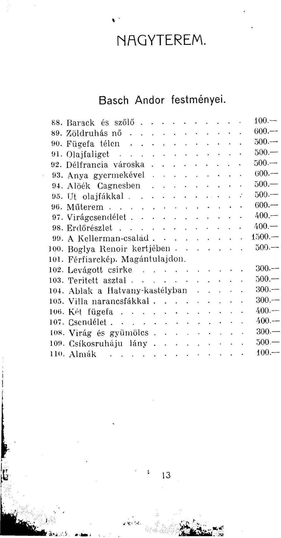 A Kellerman-család 1500. 100. Boglya Renoir kertjében 500. 101. Férfiarckép. Magántulajdon. 102. Levágott csirke 300. 103. Teritett asztal 500. 104.
