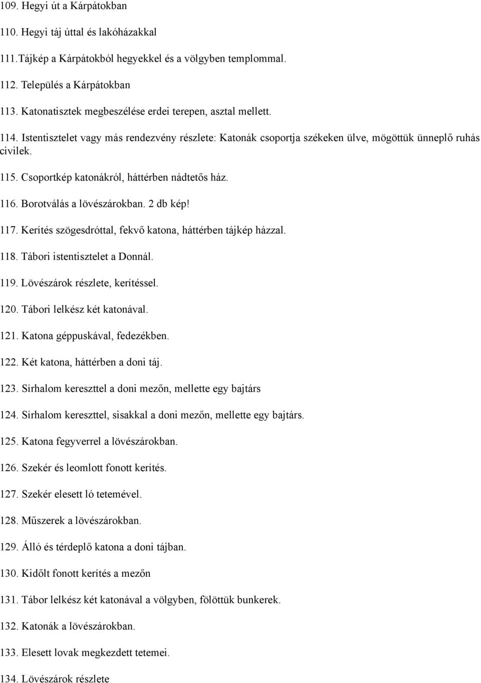 Csoportkép katonákról, háttérben nádtetős ház. 116. Borotválás a lövészárokban. 2 db kép! 117. Kerítés szögesdróttal, fekvő katona, háttérben tájkép házzal. 118. Tábori istentisztelet a Donnál. 119.