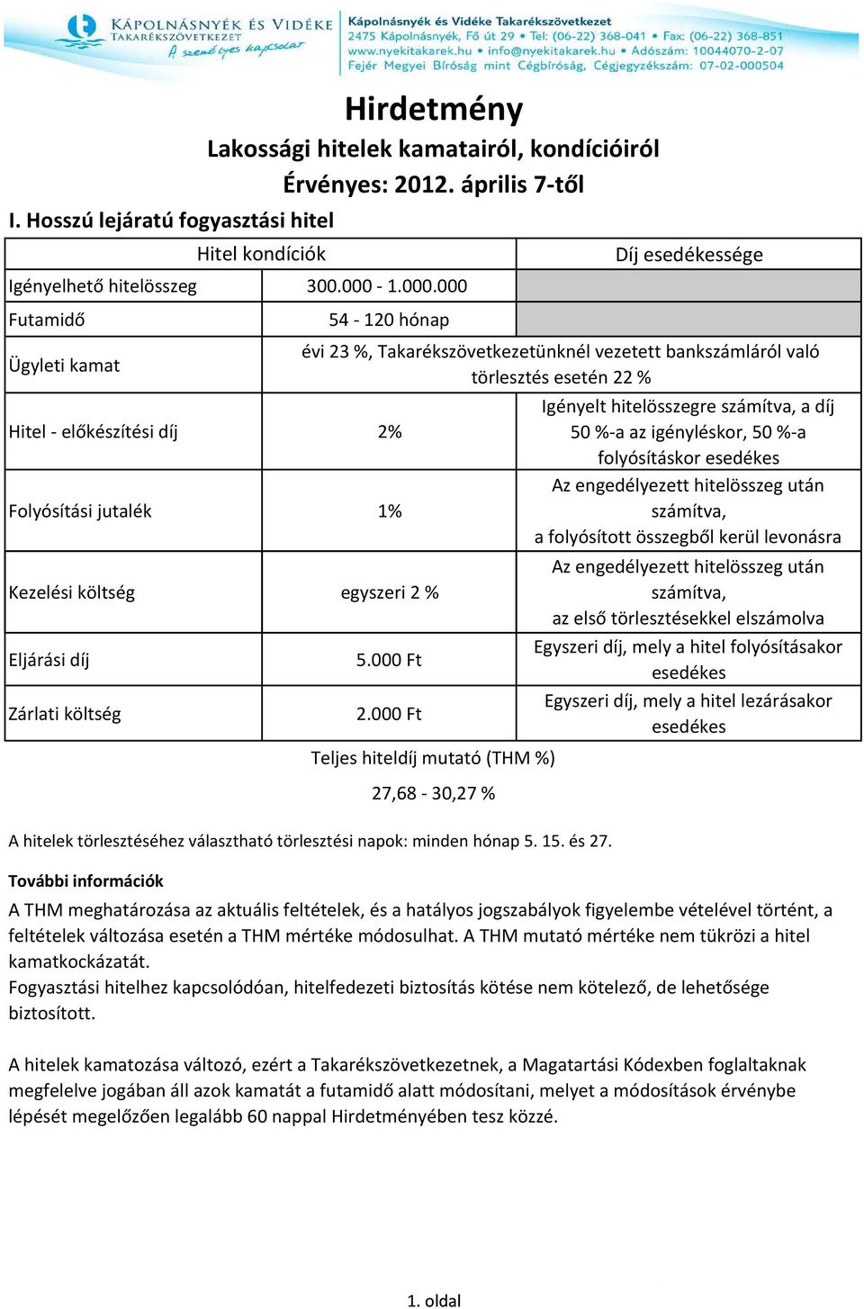 000 Ügyleti kamat Lakossági hitelek kamatairól, kondícióiról 54-120 hónap Hitel - előkészítési díj 2% Folyósítási jutalék 1% Kezelési költség egyszeri 2 % Díj sége évi 23 %, Takarékszövetkezetünknél