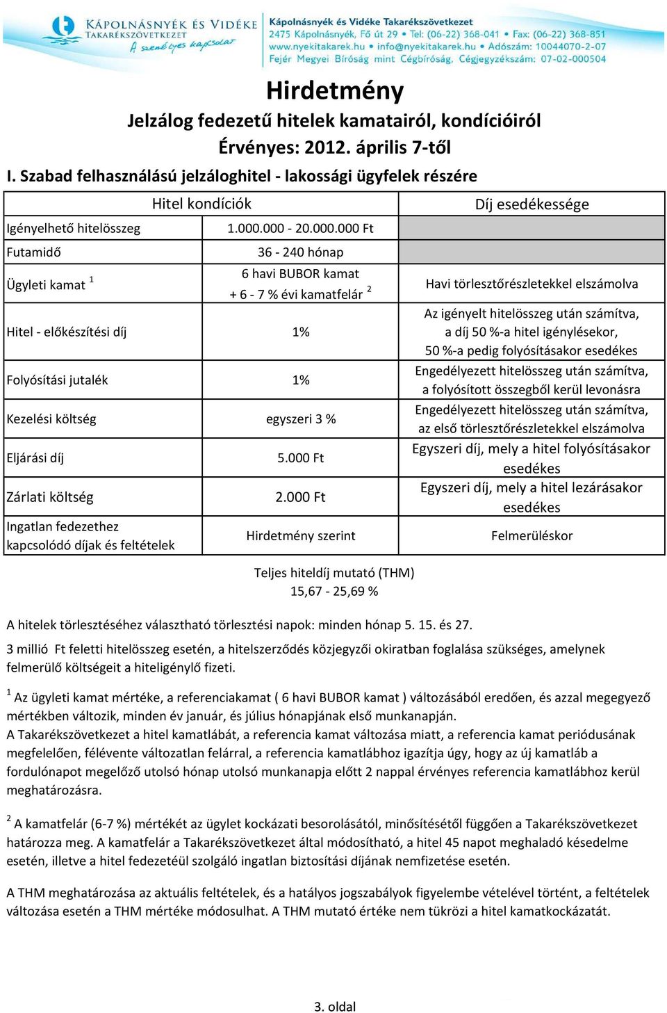 elszámolva szerint Teljes hiteldíj mutató (THM) 15,67-25,69 % A hitelek törlesztéséhez választható törlesztési napok: minden hónap 5. 15. és 27.