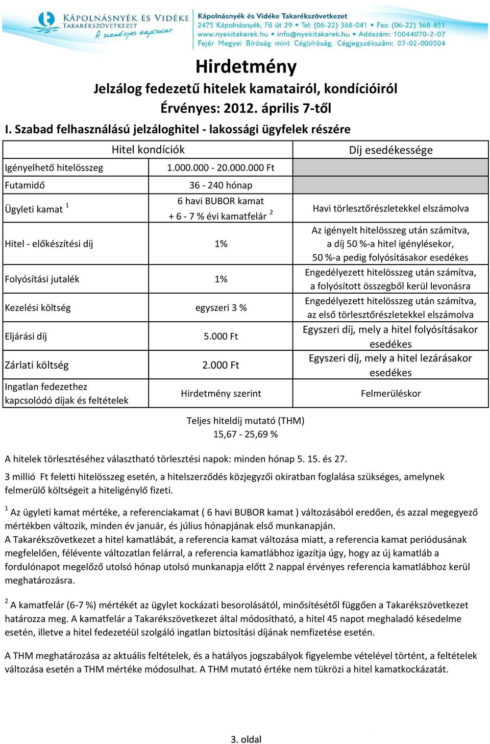 elszámolva szerint Teljes hiteldíj mutató (THM) 15,67-25,69 % A hitelek törlesztéséhez választható törlesztési napok: minden hónap 5. 15. és 27.