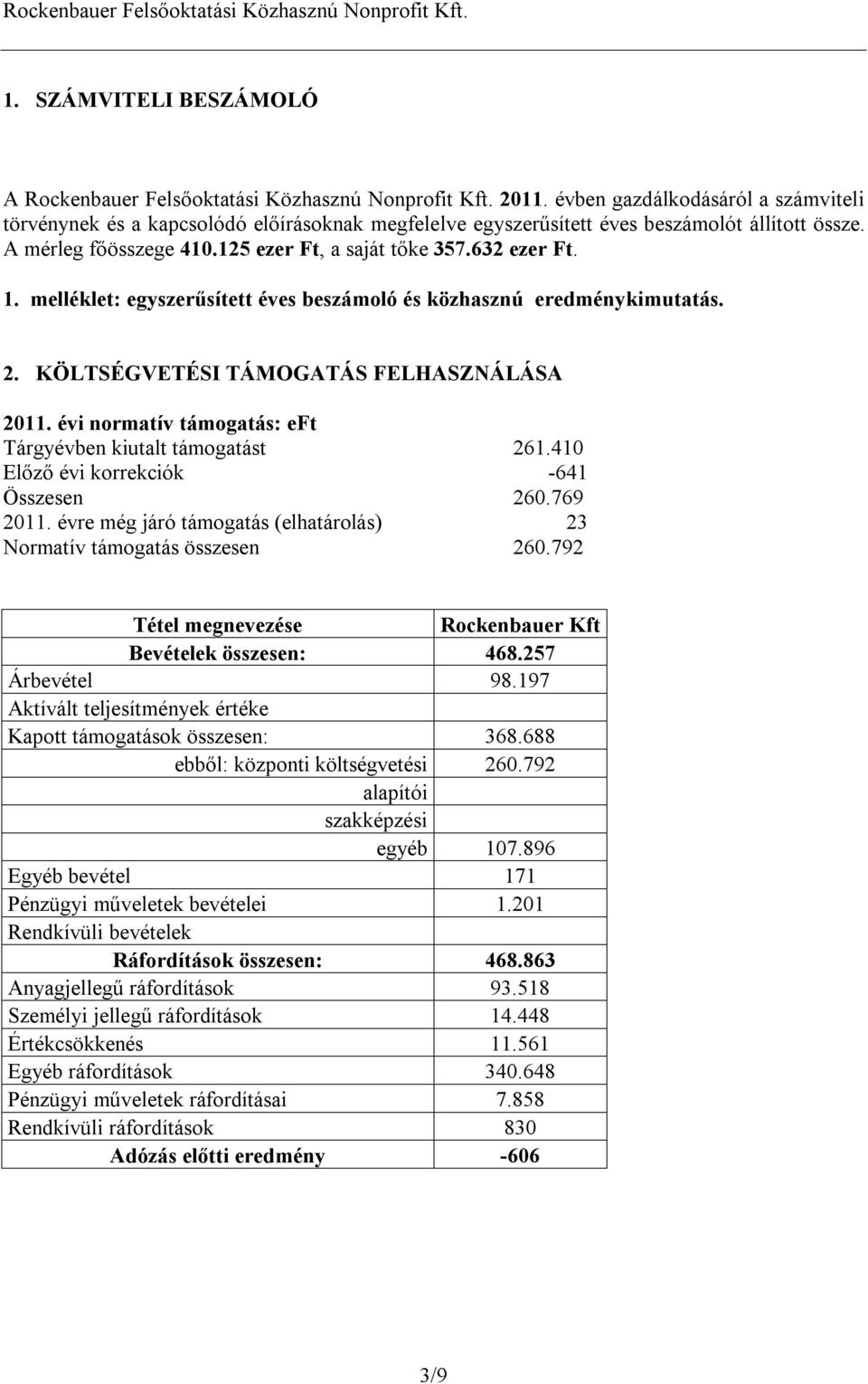 1. melléklet: egyszerűsített éves beszámoló és közhasznú eredménykimutatás. 2. KÖLTSÉGVETÉSI TÁMOGATÁS FELHASZNÁLÁSA 2011. évi normatív támogatás: eft Tárgyévben kiutalt támogatást 261.