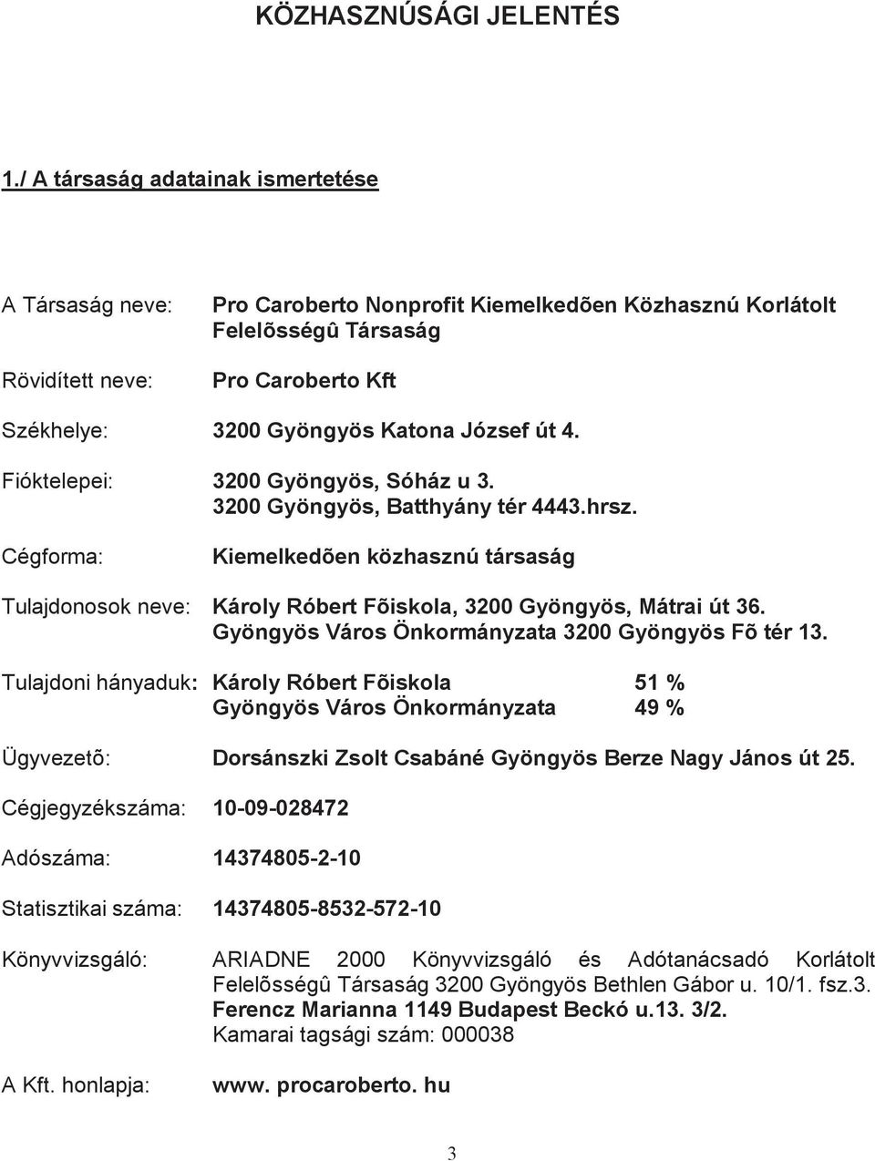 József út 4. Fióktelepei: 3200 Gyöngyös, Sóház u 3. 3200 Gyöngyös, Batthyány tér 4443.hrsz.