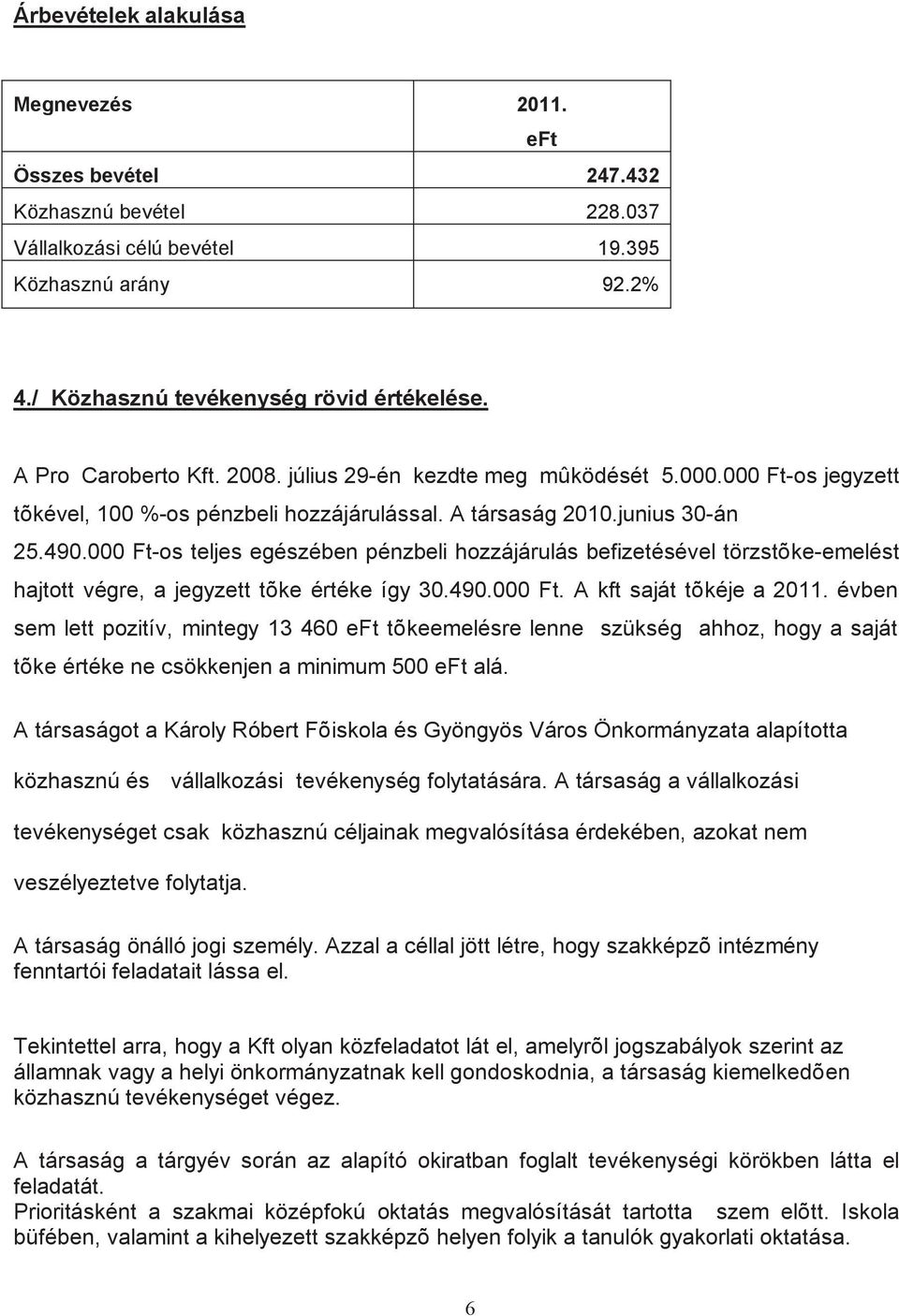 000 Ft-os teljes egészében pénzbeli hozzájárulás befizetésével törzstõke-emelést hajtott végre, a jegyzett tõke értéke így 30.490.000 Ft. A kft saját tõkéje a 2011.