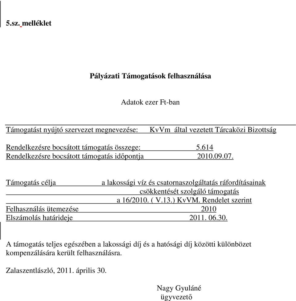 Támogatás célja a lakossági víz és csatornaszolgáltatás ráfordításainak csökkentését szolgáló támogatás a 16/2010. ( V.13.) KvVM.