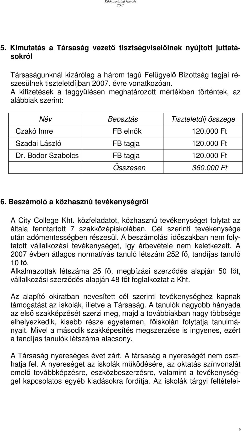 Bodor Szabolcs FB tagja 120.000 Ft Összesen 360.000 Ft 6. Beszámoló a közhasznú tevékenységről A City College Kht.