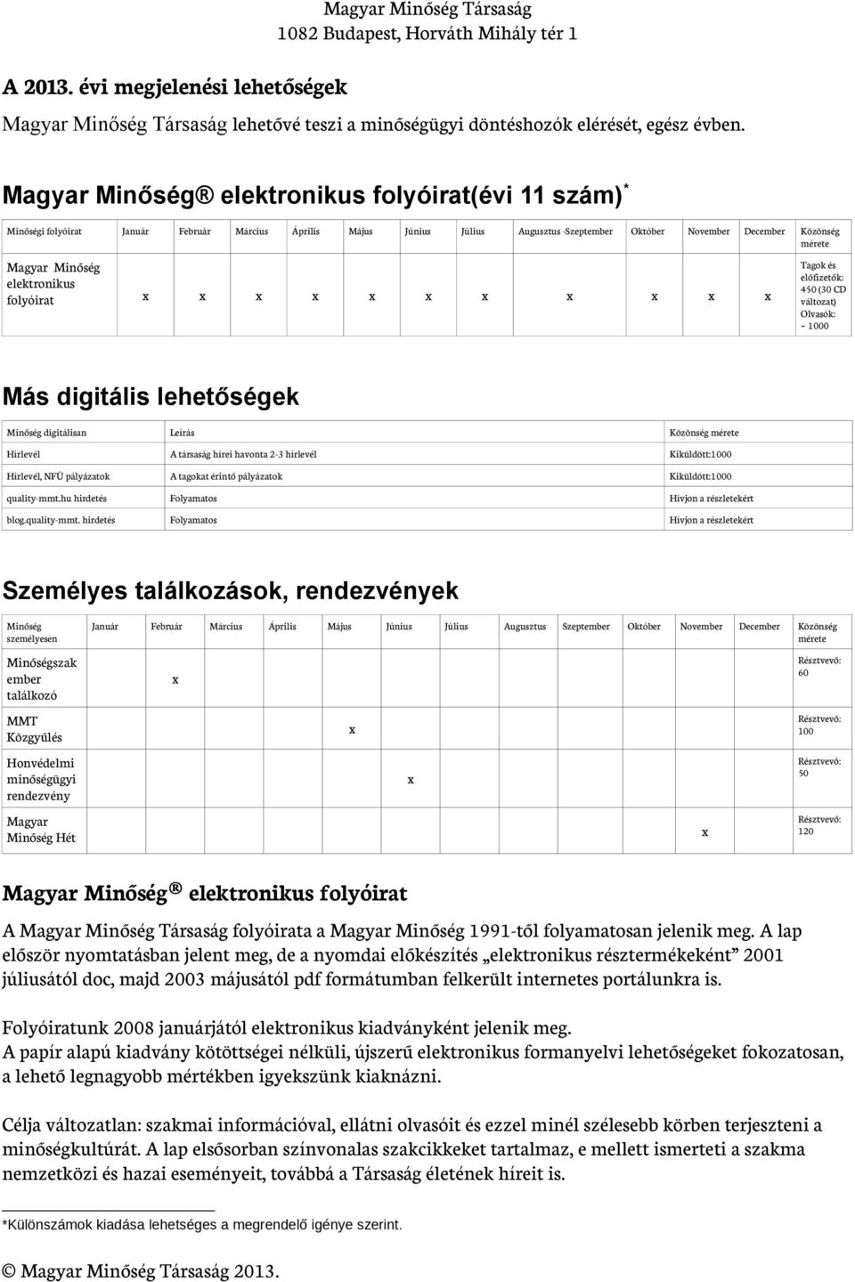 Minőség elektronikus folyóirat x x x x x x x x x x x Tagok és előfizetők: 450 (30 CD változat) Olvasók: ~ 1000 Más digitális lehetőségek Minőség digitálisan Leírás Közönség mérete Hírlevél A társaság
