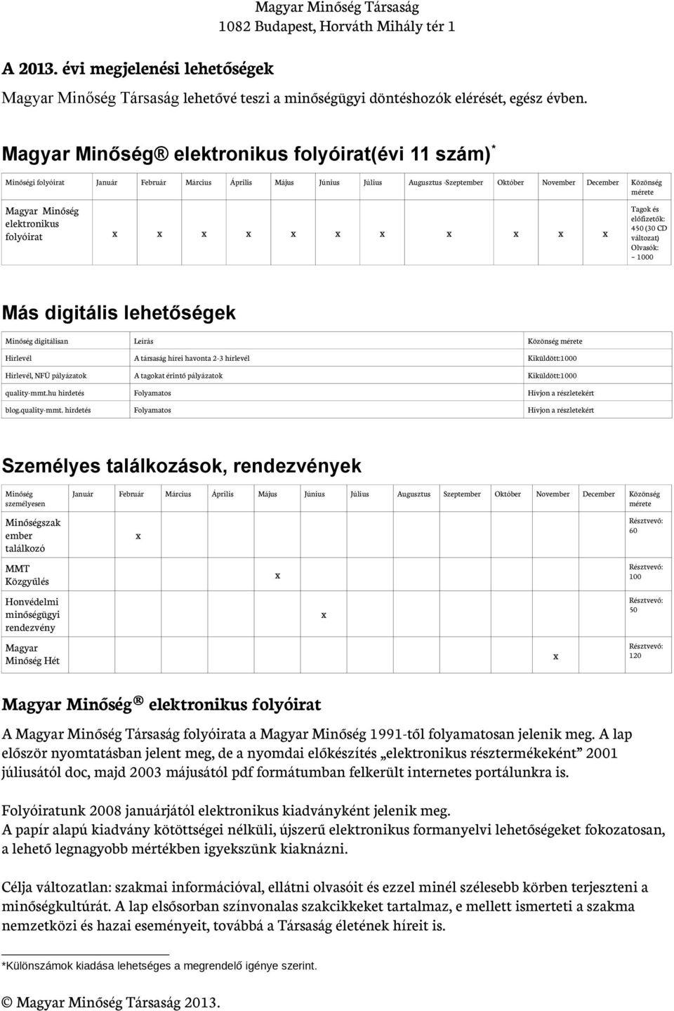 Minőség elektronikus folyóirat x x x x x x x x x x x Tagok és előfizetők: 450 (30 CD változat) Olvasók: ~ 1000 Más digitális lehetőségek Minőség digitálisan Leírás Közönség mérete Hírlevél A társaság