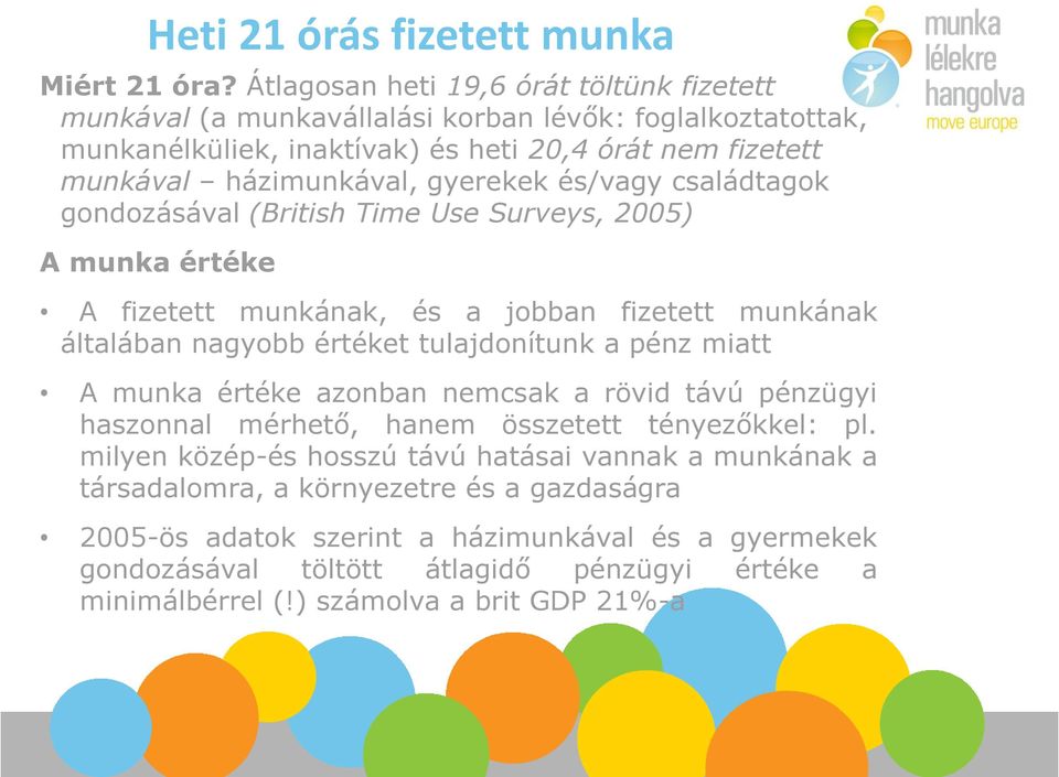 és/vagy családtagok gondozásával (British Time Use Surveys, 2005) A munka értéke A fizetett munkának, és a jobban fizetett munkának általában nagyobb értéket tulajdonítunk a pénz miatt A