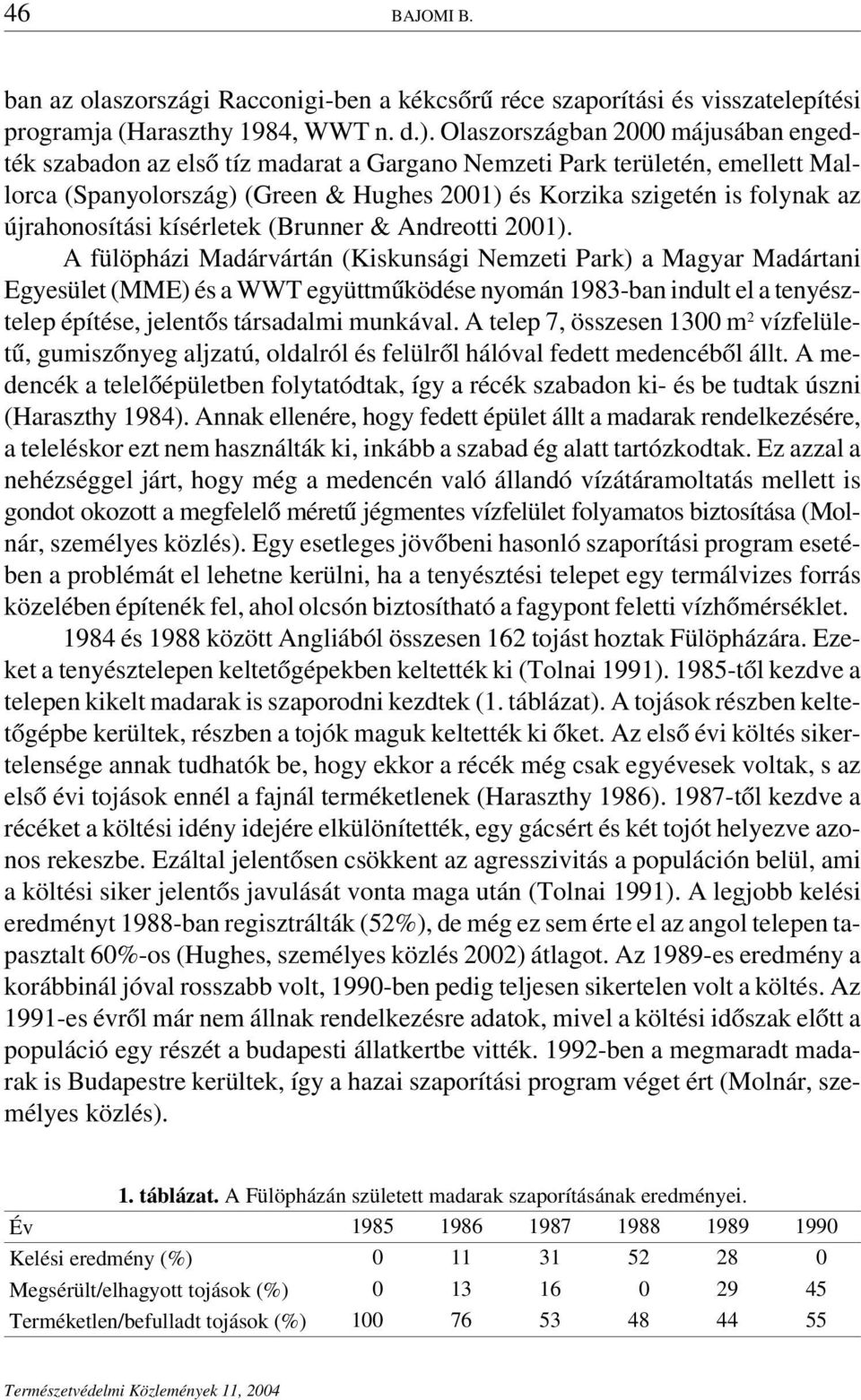 újrahonosítási kísérletek (Brunner & Andreotti 2001).