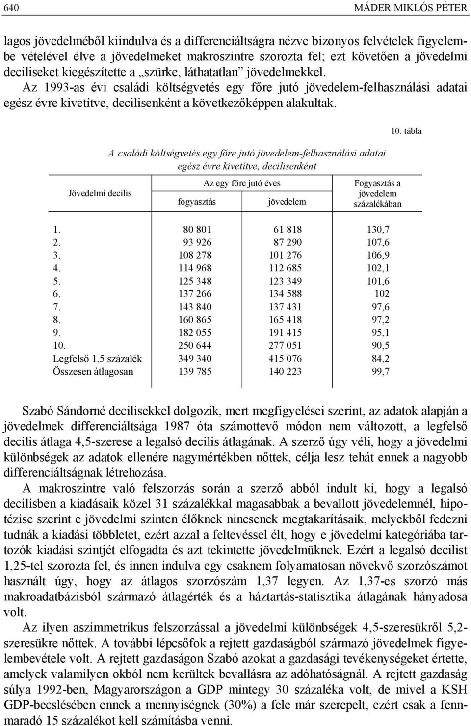 Az 1993-as évi családi költségvetés egy főre jutó jövedelem-felhasználási adatai egész évre kivetítve, decilisenként a következőképpen alakultak.