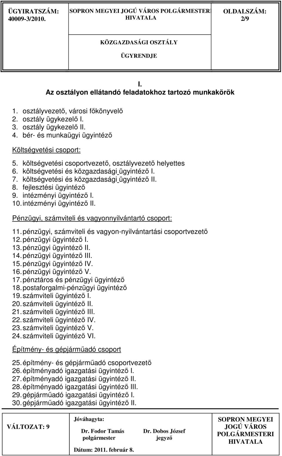 8. fejlesztési ügyintézı 9. intézményi ügyintézı I. 10. intézményi ügyintézı II. Pénzügyi, számviteli és vagyonnyilvántartó csoport: 11. pénzügyi, számviteli és vagyon-nyilvántartási csoportvezetı 12.