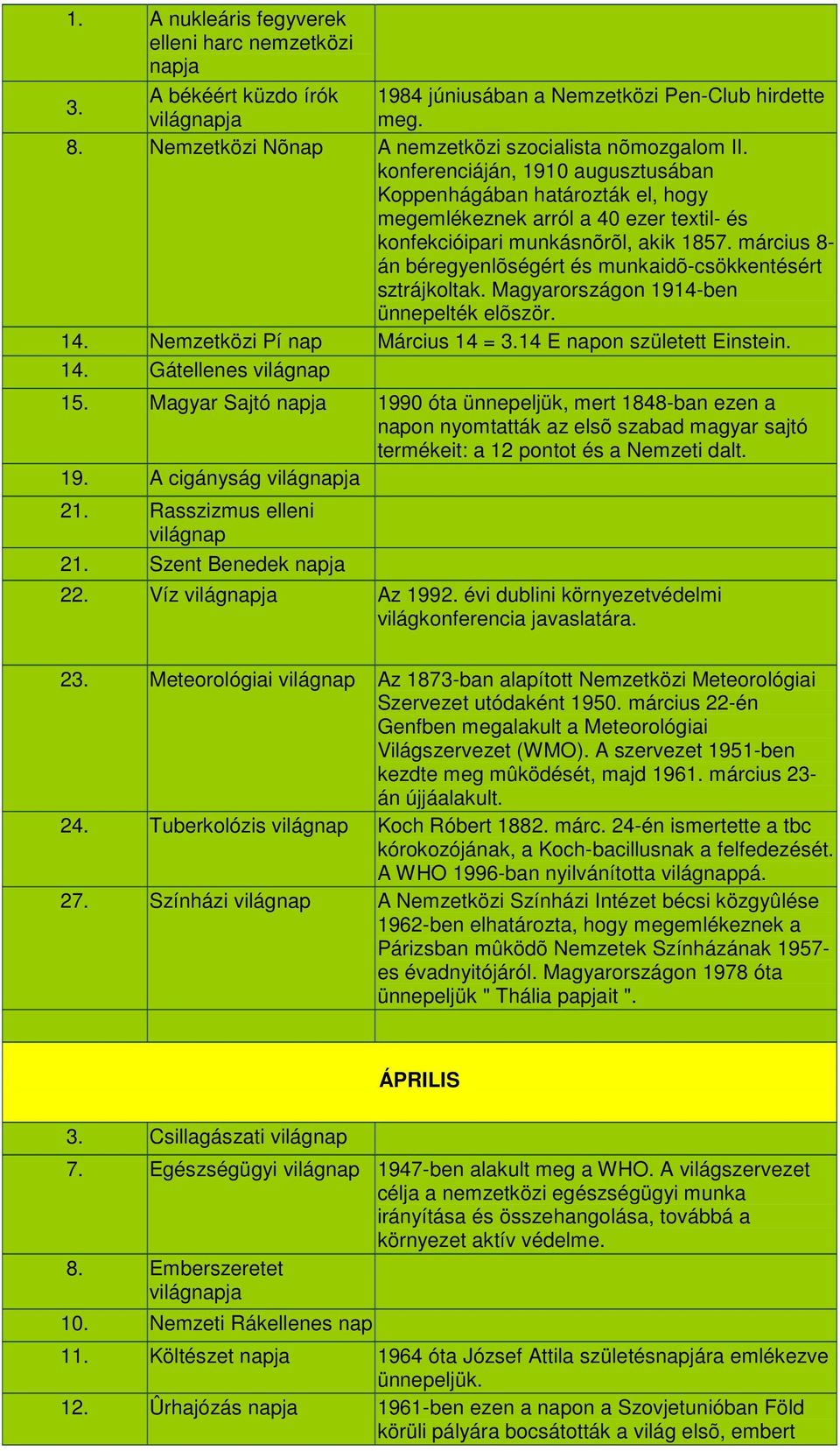 március 8- án béregyenlõségért és munkaidõ-csökkentésért sztrájkoltak. 1914-ben ünnepelték elõször. 14. Nemzetközi Pí nap Március 14 = 3.14 E napon született Einstein. 14. Gátellenes világnap 15.