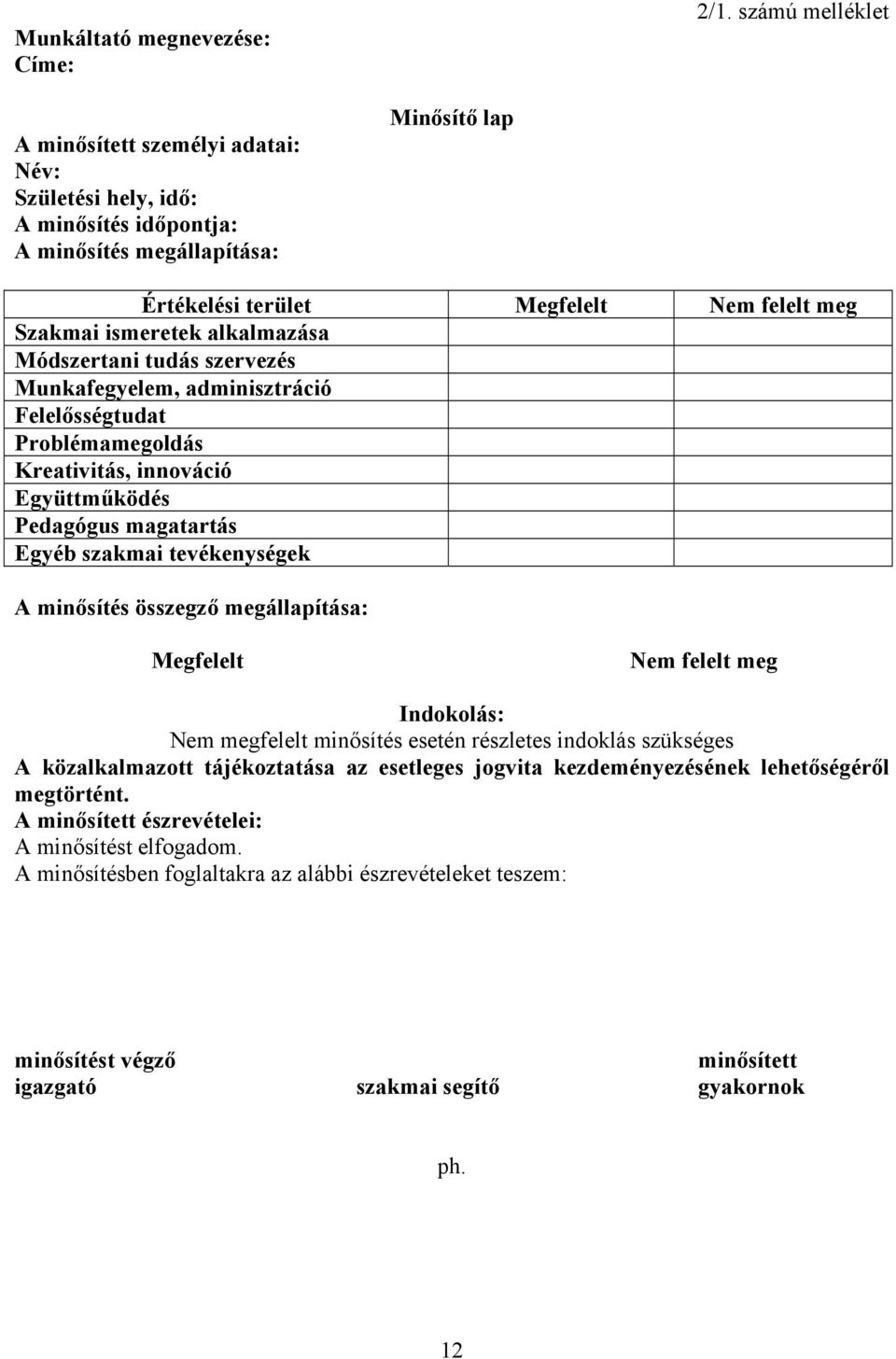 alkalmazása Módszertani tudás szervezés Munkafegyelem, adminisztráció Felelősségtudat Problémamegoldás Kreativitás, innováció Együttműködés Pedagógus magatartás Egyéb szakmai tevékenységek A