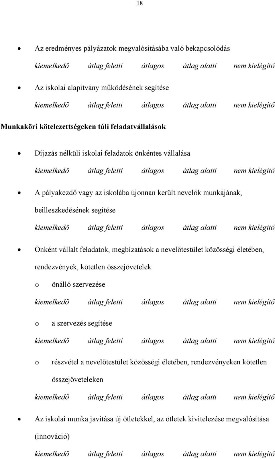 feladatok, megbízatások a nevelőtestület közösségi életében, rendezvények, kötetlen összejövetelek o önálló szervezése o a szervezés segítése o részvétel a