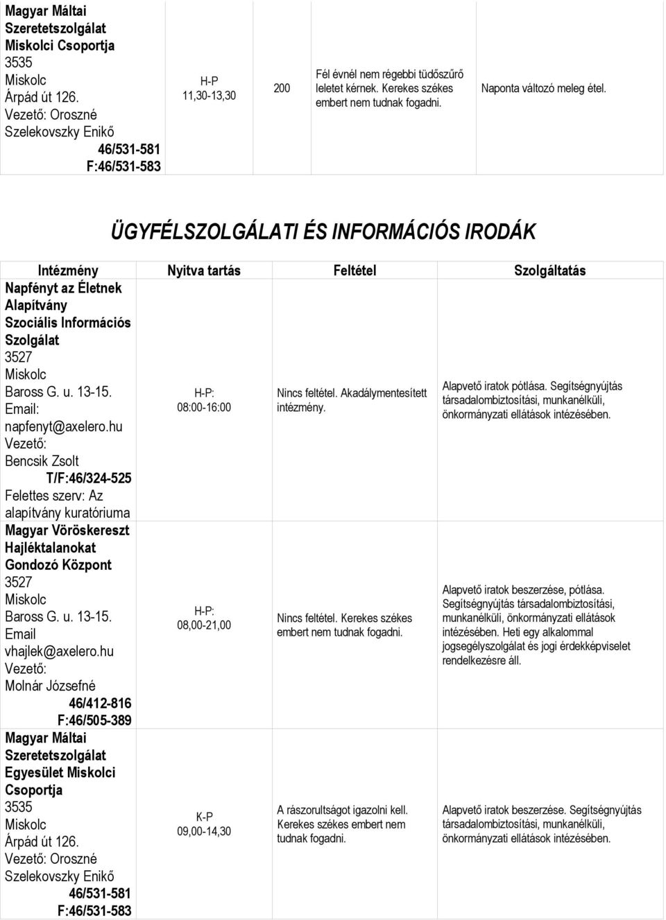 ÜGYFÉLSZOLGÁLATI ÉS INFORMÁCIÓS IRODÁK Intézmény Nyitva tartás Feltétel Szolgáltatás Napfényt az Életnek Alapítvány Szociális Információs Szolgálat napfenyt@axelero.