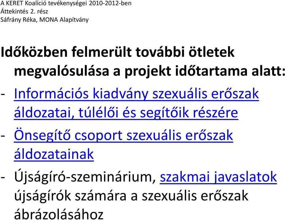 projekt időtartama alatt: - Információs kiadvány szexuális erőszak áldozatai, túlélői