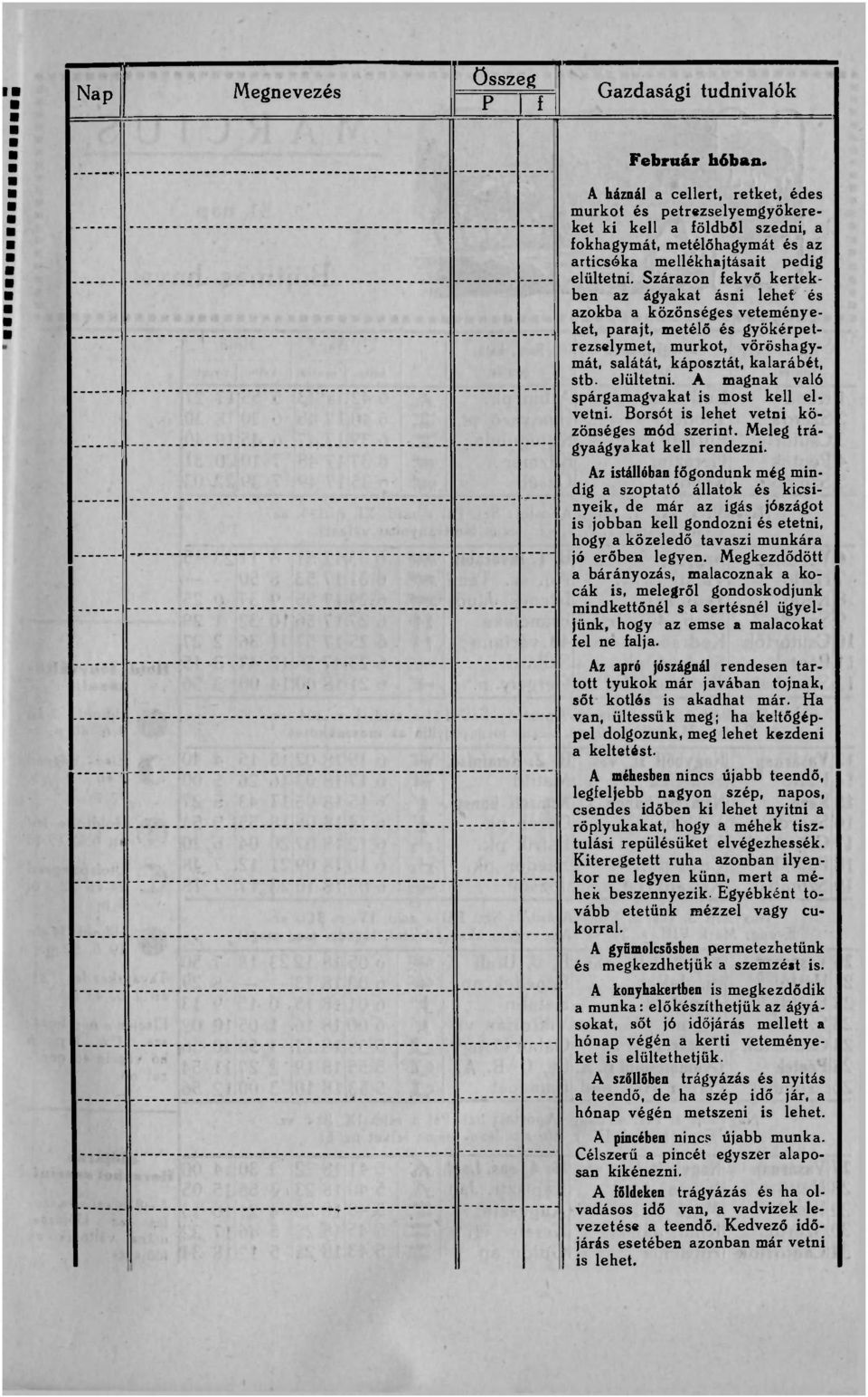 Szárazon fekvő kertekben az ágyakat ásni lehef és azokba a közönséges veteményeket, parajt, metélő és gyökérpetrezselymet, murkot, vöröshagymát, salátát, káposztát, kalarábét, stb. elültetni.