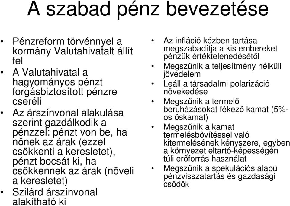megszabadítja a kis embereket pénzük értéktelenedésétıl Megszőnik a teljesítmény nélküli jövedelem Leáll a társadalmi polarizáció növekedése Megszőnik a termelı beruházásokat fékezı kamat (5%- os