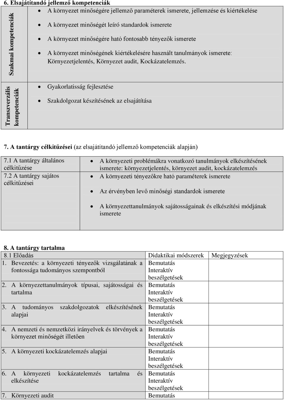 Transzverzális kompetenciák Gyakorlatisság fejlesztése Szakdolgozat készítésének az elsajátítása 7. A tantárgy célkitűzései (az elsajátítandó jellemző kompetenciák alapján) 7.