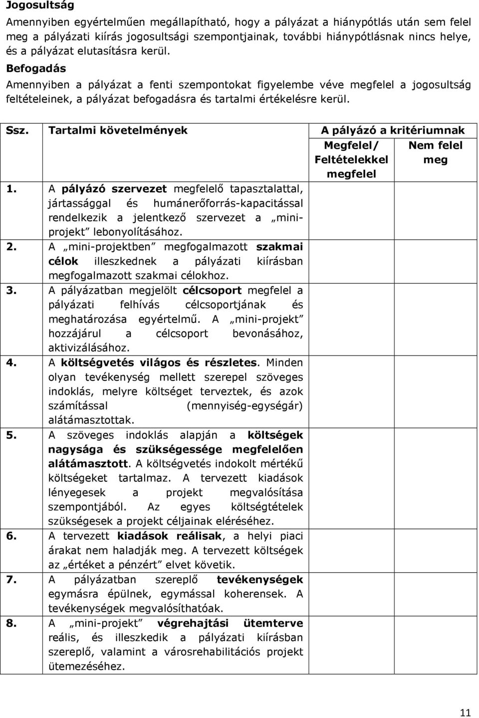 Tartalmi követelmények 1. A pályázó szervezet megfelelő tapasztalattal, jártassággal és humánerőforrás-kapacitással rendelkezik a jelentkező szervezet a miniprojekt lebonyolításához. 2.