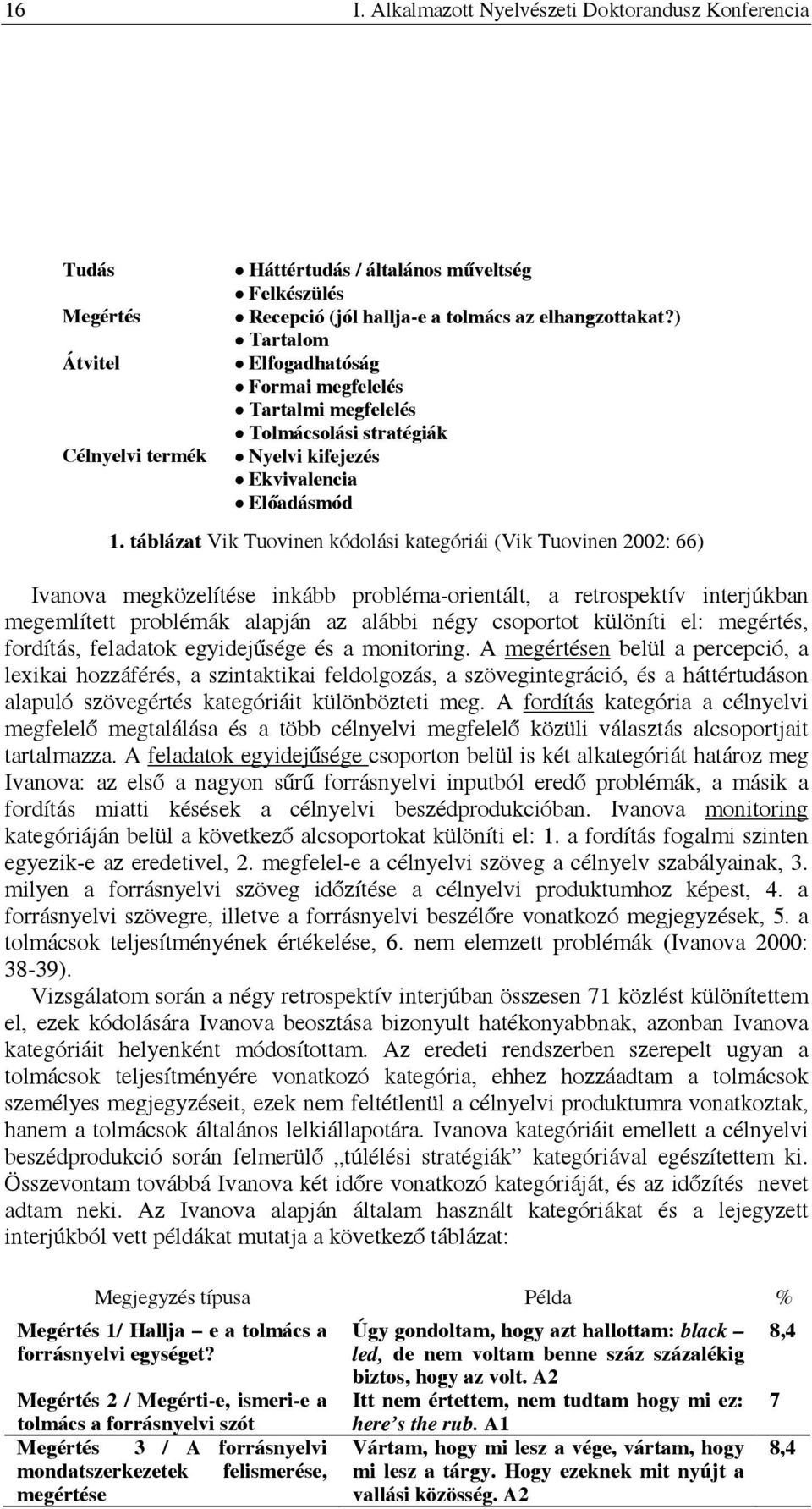 táblázat Vik Tuovinen kódolási kategóriái (Vik Tuovinen 2002: 66) Ivanova megközelítése inkább probléma-orientált, a retrospektív interjúkban megemlített problémák alapján az alábbi négy csoportot