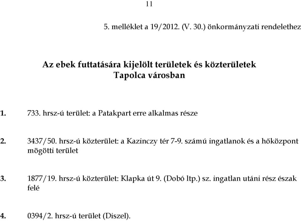 733. hrsz-ú terület: a Patakpart erre alkalmas része 2. 3437/50. hrsz-ú közterület: a Kazinczy tér 7-9.