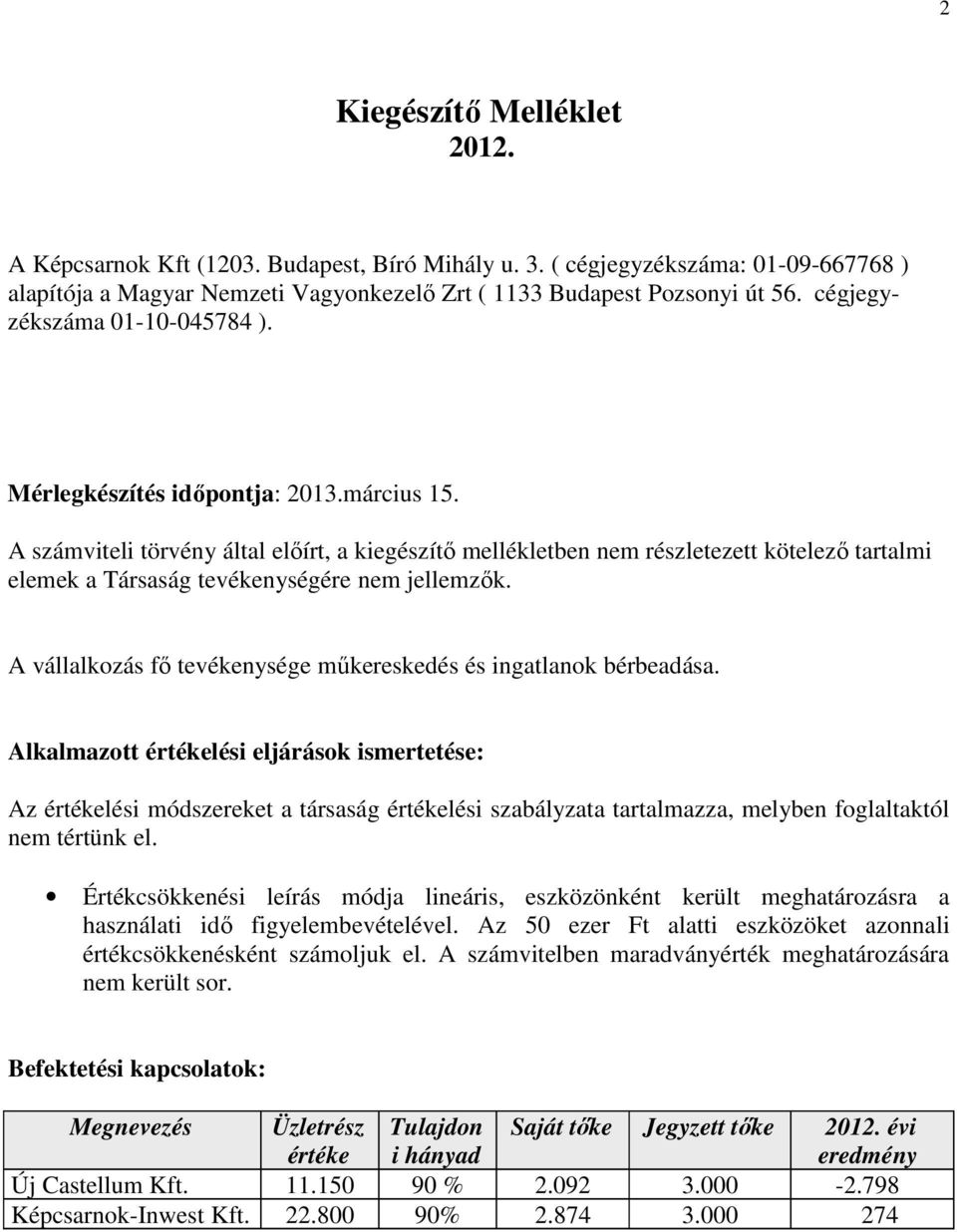 A számviteli törvény által előírt, a kiegészítő mellékletben nem részletezett kötelező tartalmi elemek a Társaság tevékenységére nem jellemzők.