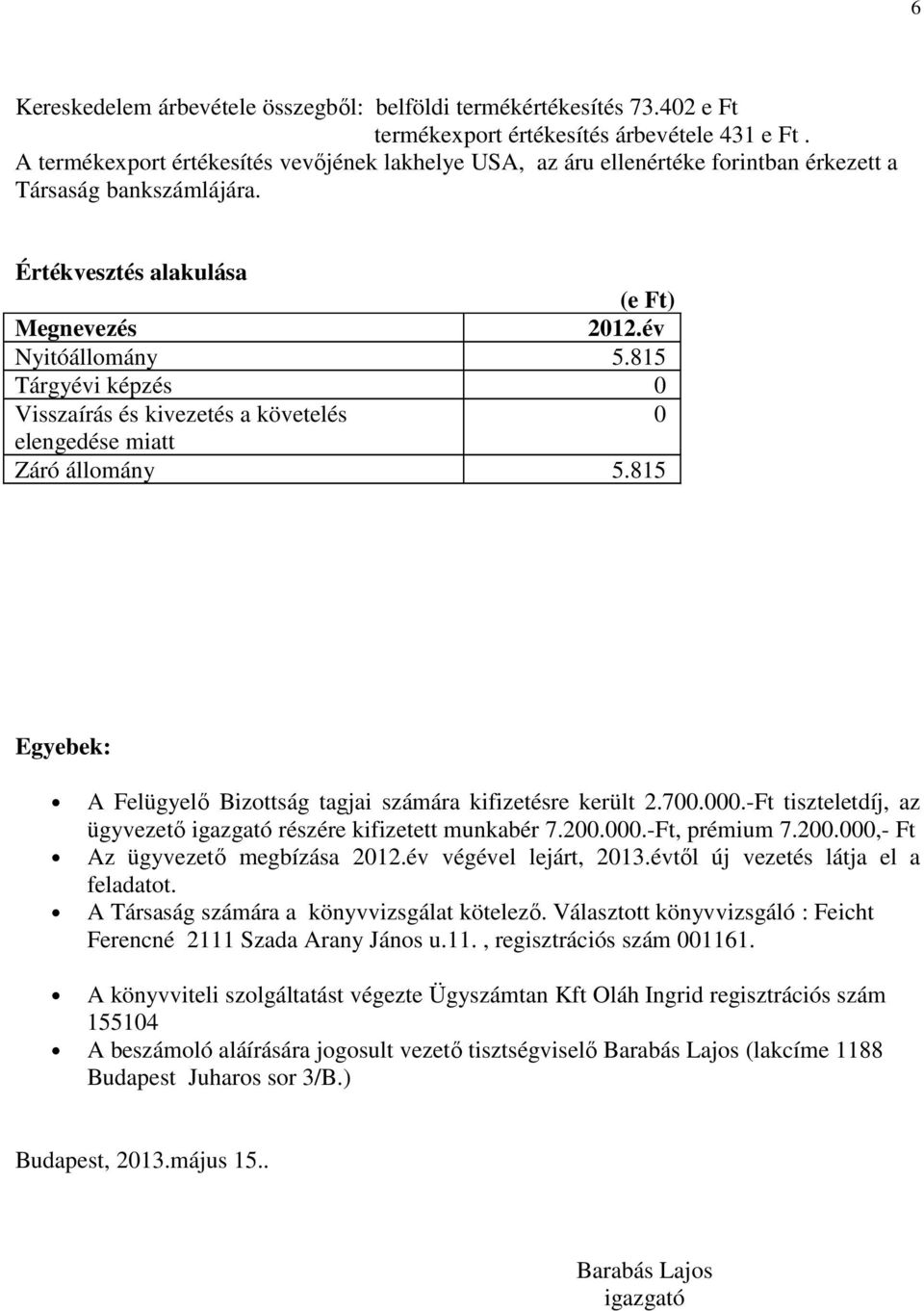 815 Tárgyévi képzés 0 Visszaírás és kivezetés a követelés 0 elengedése miatt Záró állomány 5.815 Egyebek: A Felügyelő Bizottság tagjai számára kifizetésre került 2.700.000.