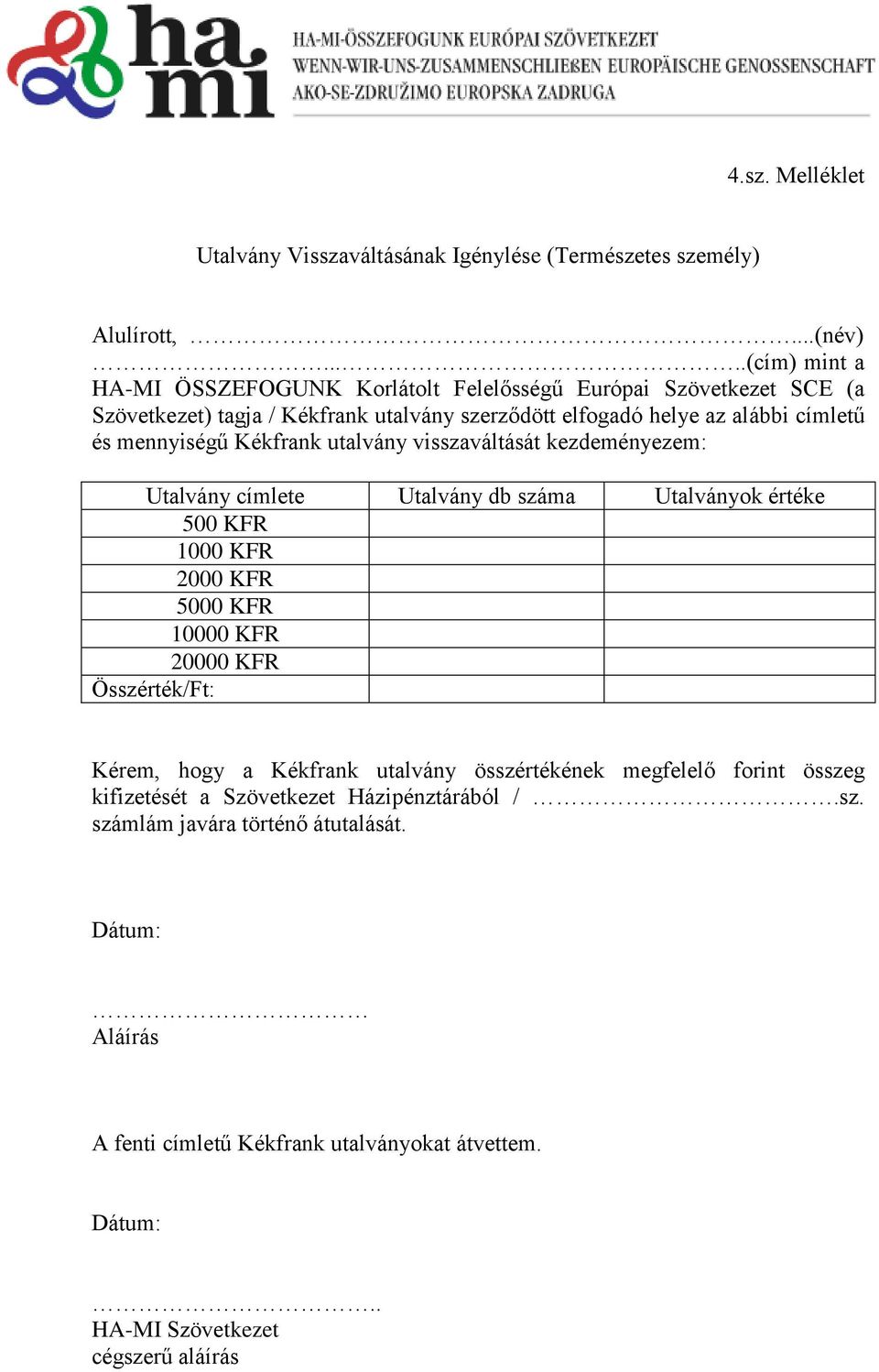 mennyiségű Kékfrank utalvány visszaváltását kezdeményezem: Utalvány címlete Utalvány db száma Utalványok értéke 500 KFR 1000 KFR 2000 KFR 5000 KFR 10000 KFR 20000 KFR