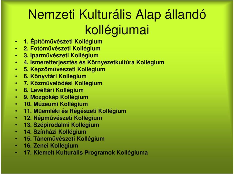 Levéltári Kollégium 9. Mozgókép Kollégium 10. Múzeumi Kollégium 11. Műemléki és Régészeti Kollégium 12. Népművészeti Kollégium 13.