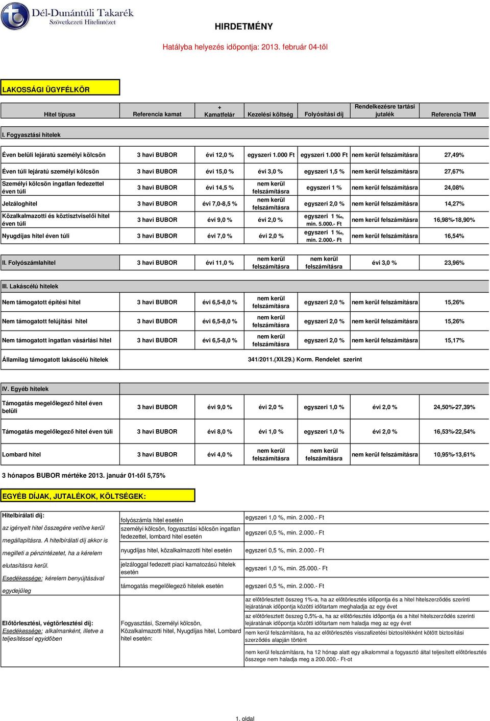 Fogyasztási hitelek Éven belüli lejáratú személyi kölcsön 3 havi BUBOR évi 12,0 % egyszeri 1.000 Ft egyszeri 1.