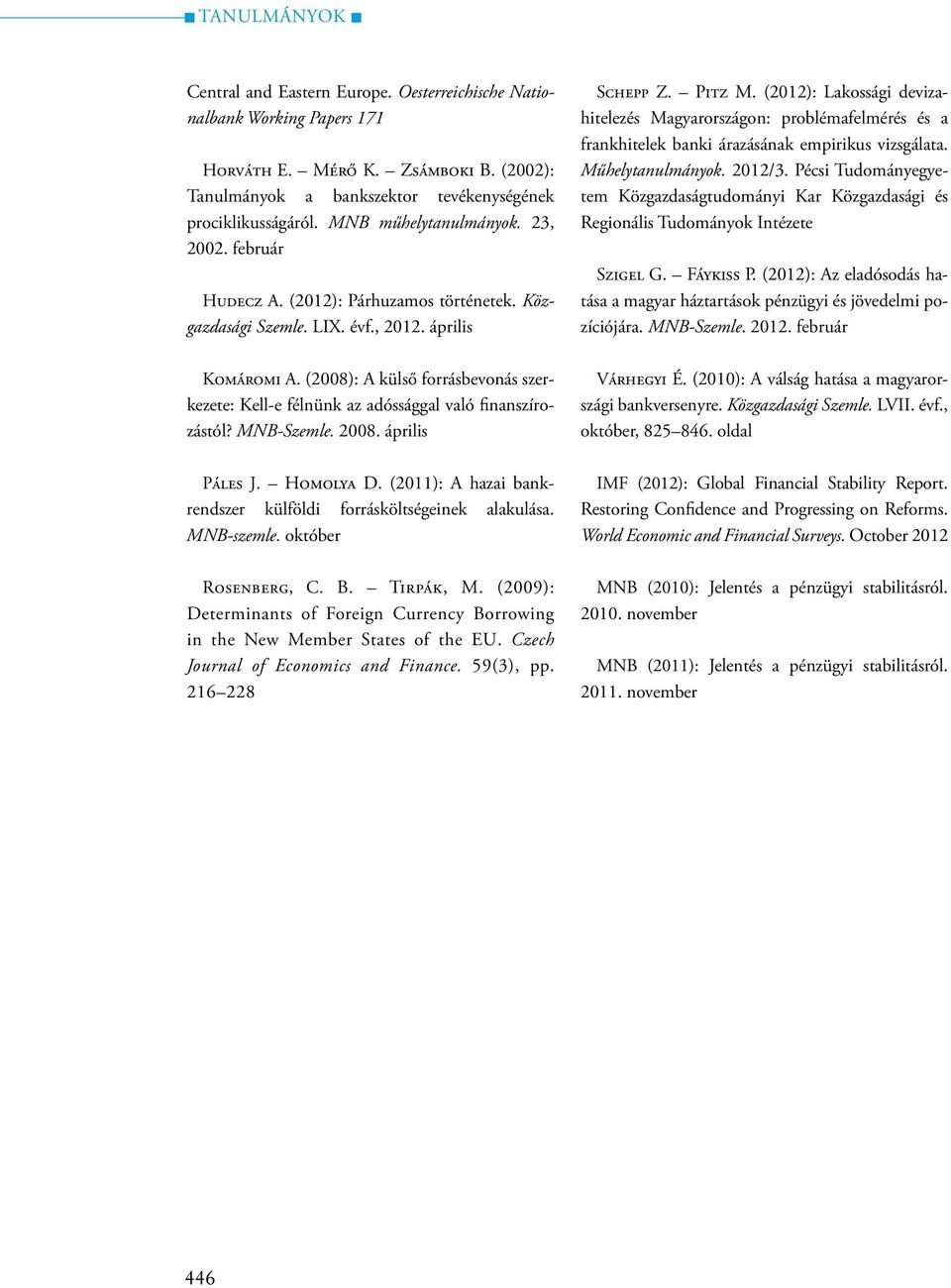 (2008): A külső forrásbevonás szerkezete: Kell-e félnünk az adóssággal való finanszírozástól? MNB-Szemle. 2008. április Páles J. Homolya D.