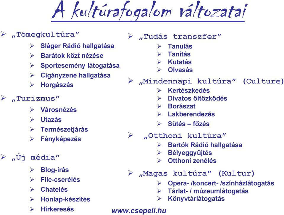 Tanulás! Tanítás! Kutatás! Olvasás! Mindennapi kultúra (Culture)! Kertészkedés! Divatos öltözködés! Borászat! Lakberendezés! Sütés főzés! Otthoni kultúra!