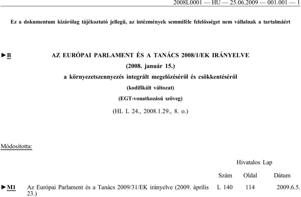 EURÓPAI PARLAMENT ÉS A TANÁCS 2008/1/EK IRÁNYELVE (2008. január 15.