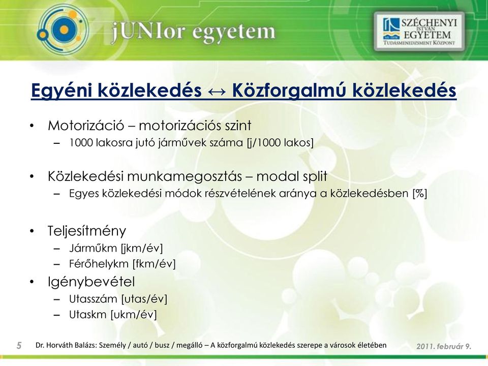 közlekedésben [%] Teljesítmény Járműkm [jkm/év] Férőhelykm [fkm/év] Igénybevétel Utasszám [utas/év] Utaskm