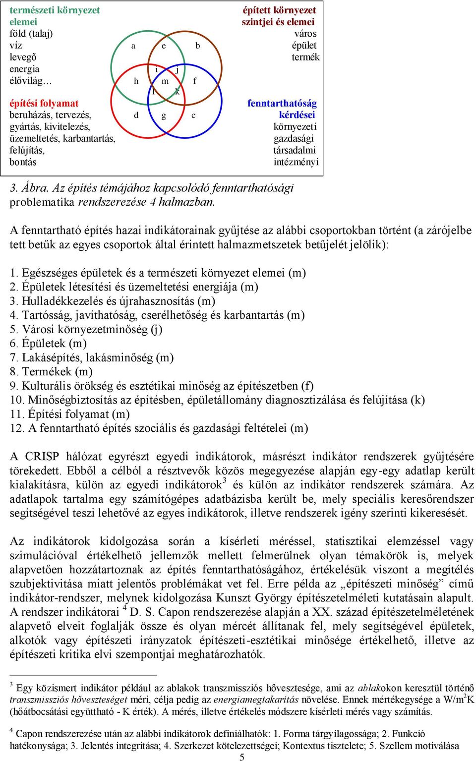 Az építés témájához kapcsolódó fenntarthatósági problematika rendszerezése 4 halmazban.