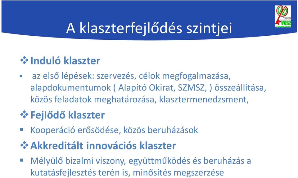 klasztermenedzsment, Fejlődő klaszter Kooperáció erősödése, közös beruházások Akkreditált