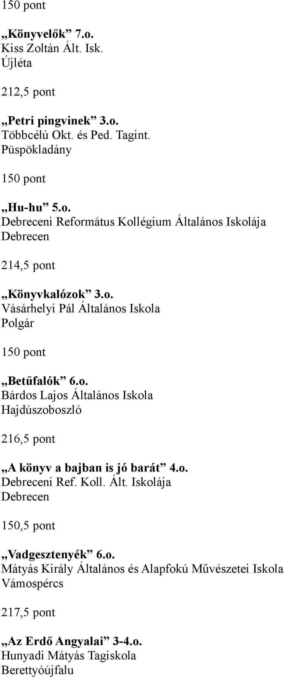 o. i Ref. Koll. Ált. Iskolája 150,5 pont Vadgesztenyék 6.o. Mátyás Király Általános és Alapfokú Művészetei Iskola Vámospércs 217,5 pont Az Erdő Angyalai 3-4.