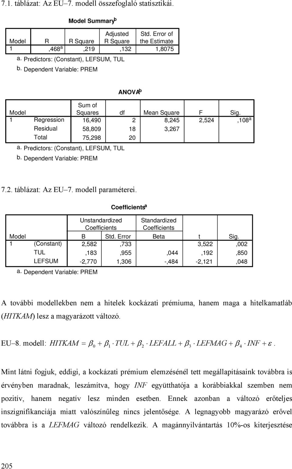 . táblázat: Az EU 7. modell paraméterei. Unstandardized a Standardized B Std. Error Beta t Sig. (Constant),58,7,5, TUL,8,955,44,9,85 LEFSUM -,77,6 -,484 -,,48 a.