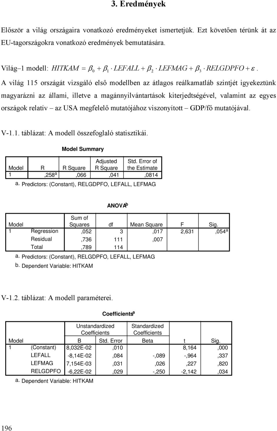 USA megfelelő mutatójához viszonyított GDP/fő mutatójával. V-.. táblázat: A modell összefoglaló statisztikái. Summary R R Square Adjusted R Square Std. Error of the Estimate,58 a,66,4,84 a.