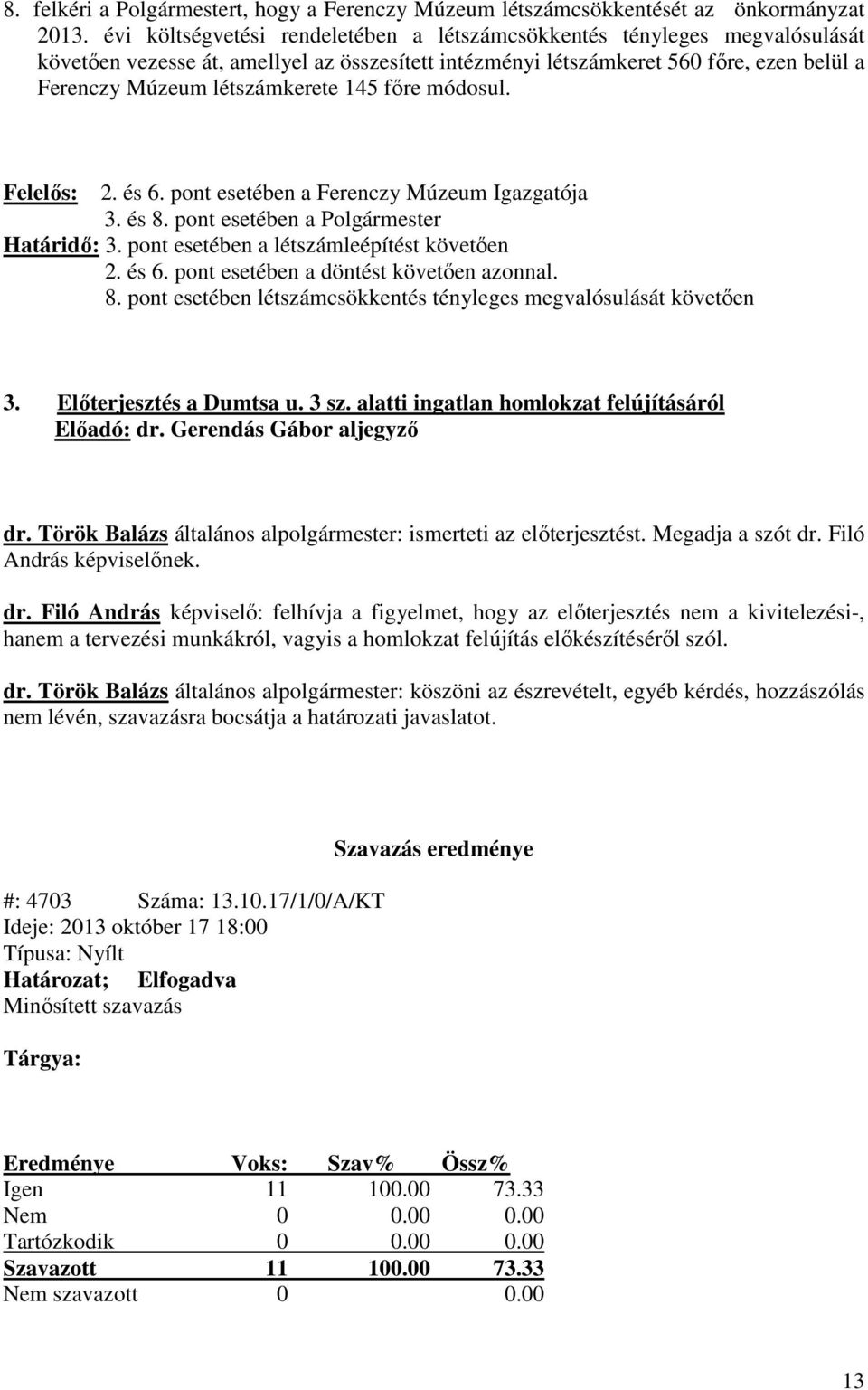 145 főre módosul. Felelős: 2. és 6. pont esetében a Ferenczy Múzeum Igazgatója 3. és 8. pont esetében a Polgármester Határidő: 3. pont esetében a létszámleépítést követően 2. és 6. pont esetében a döntést követően azonnal.