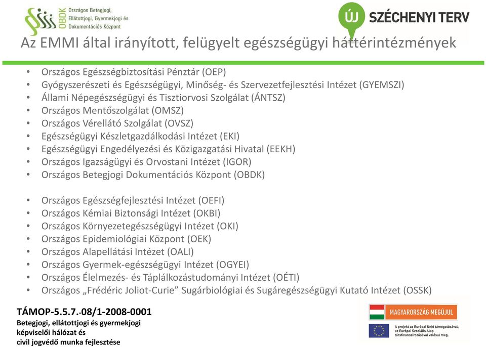 és Közigazgatási Hivatal (EEKH) Országos Igazságügyi és Orvostani Intézet (IGOR) Országos Betegjogi Dokumentációs Központ (OBDK) Országos Egészségfejlesztési Intézet (OEFI) Országos Kémiai Biztonsági