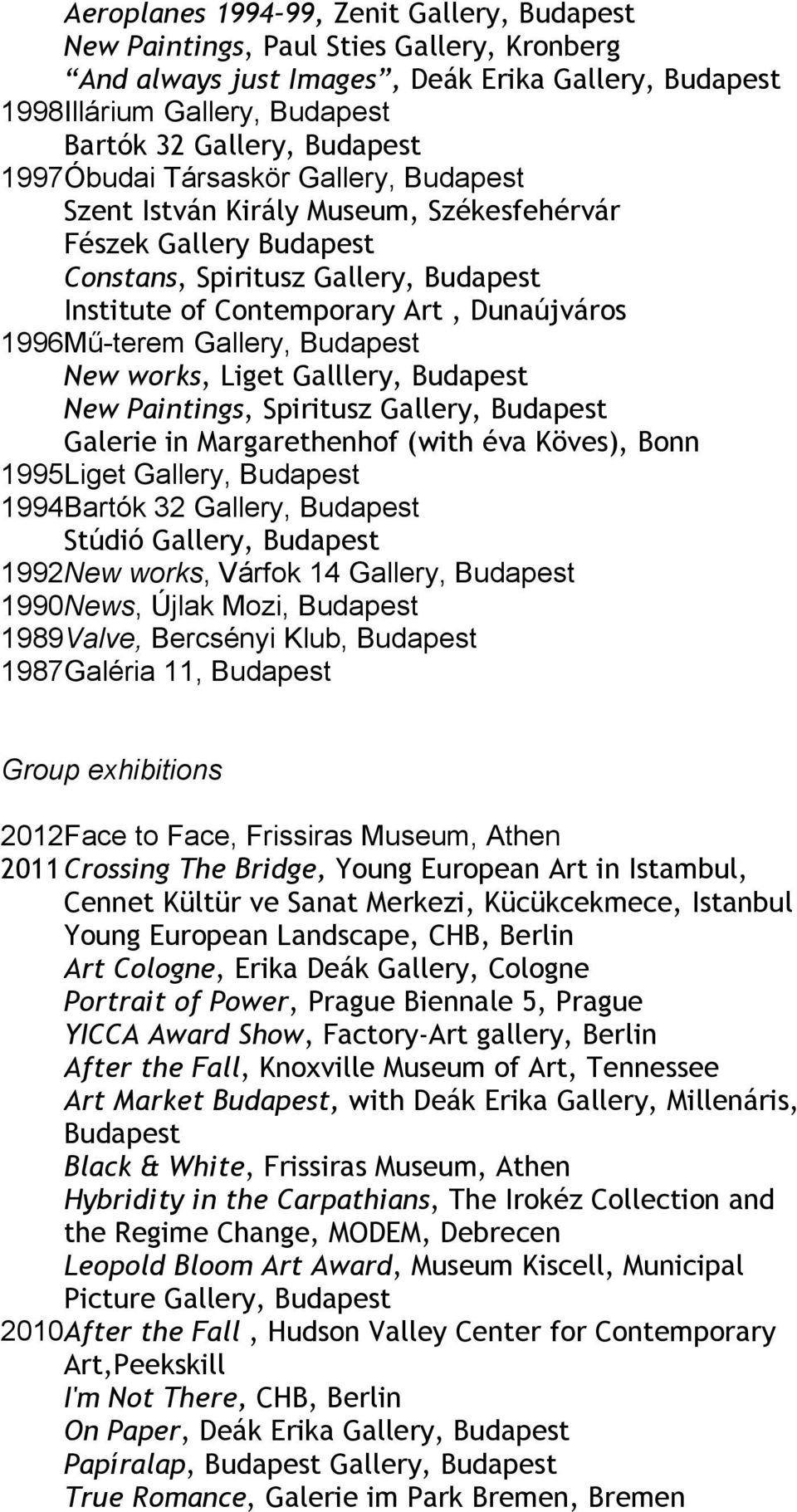 Spiritusz Gallery, Galerie in Margarethenhof (with éva Köves), Bonn 1995 Liget Gallery, 1994 Bartók 32 Gallery, Stúdió Gallery, 1992 New works, Várfok 14 Gallery, 1990 News, Újlak Mozi, 1989 Valve,
