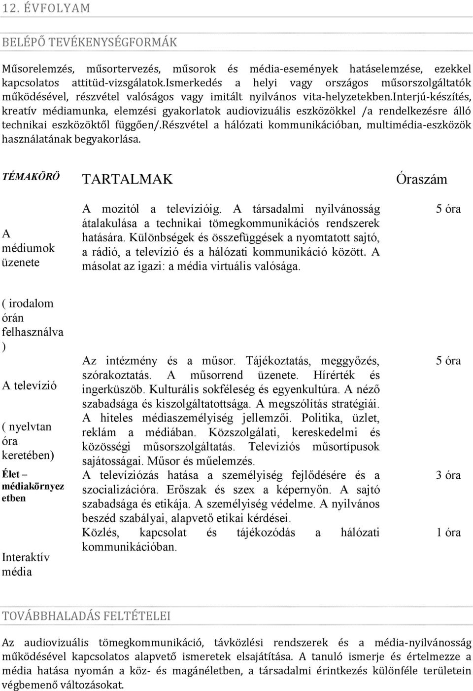 interjú-készítés, kreatív médiamunka, elemzési gyakorlatok audiovizuális eszközökkel /a rendelkezésre álló technikai eszközöktől függően/.