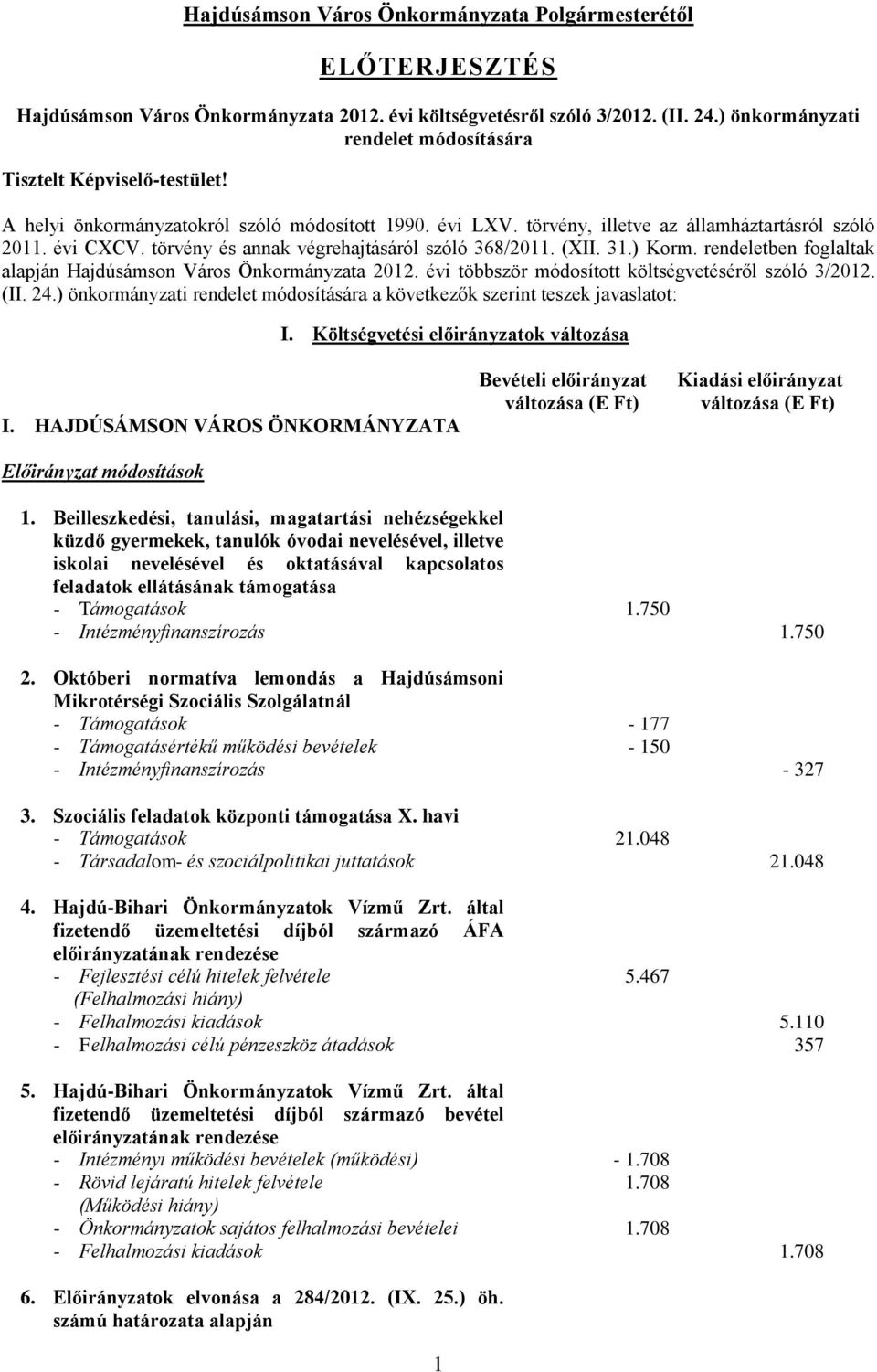 törvény és annak végrehajtásáról szóló 368/2011. (XII. 31.) Korm. rendeletben foglaltak alapján Hajdúsámson Város Önkormányzata 2012. évi többször módosított költségvetéséről szóló 3/2012. (II. 24.