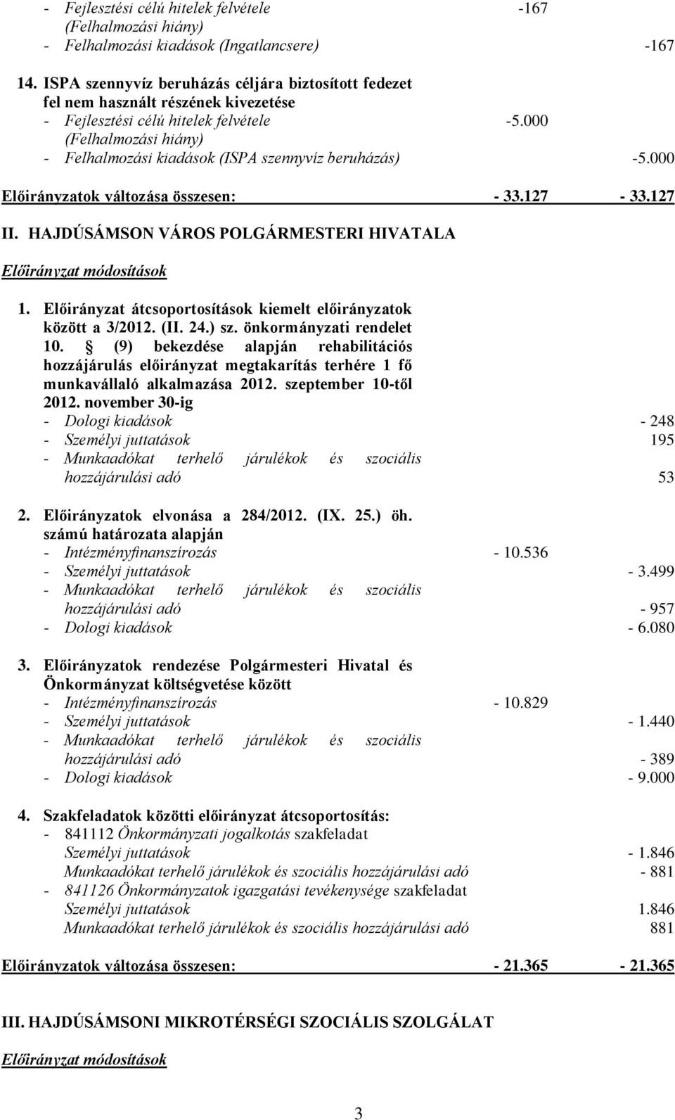 000 Előirányzatok változása összesen: - 33.127-33.127 II. HAJDÚSÁMSON VÁROS POLGÁRMESTERI HIVATALA 1. Előirányzat átcsoportosítások kiemelt előirányzatok között a 3/2012. (II. 24.) sz.